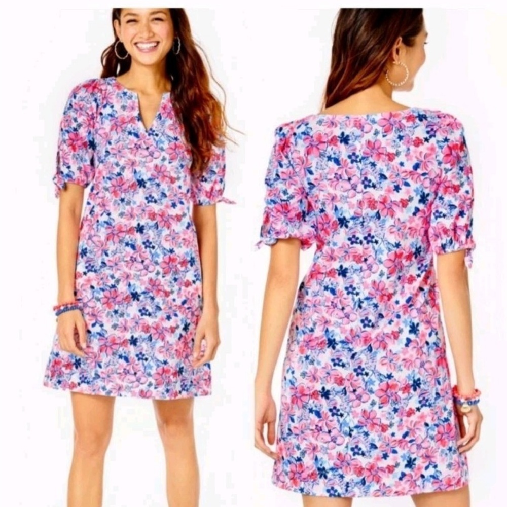 Lilly Pulitzer Vibrant Floral Mini Dress neon coral pink blue tropical beach